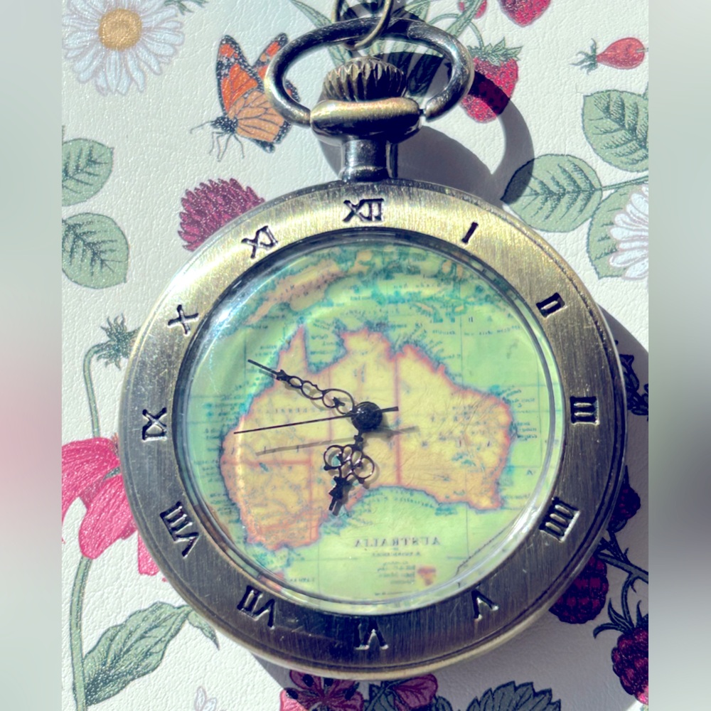 NWT Necklace pocket watch*, Australian map, etched back, bronze chain 30” adj.